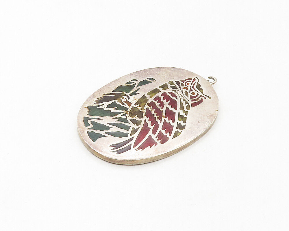 925 Sterling Silver Vintage Enamel Cutout Perched Owl Scene Pendant PT13761