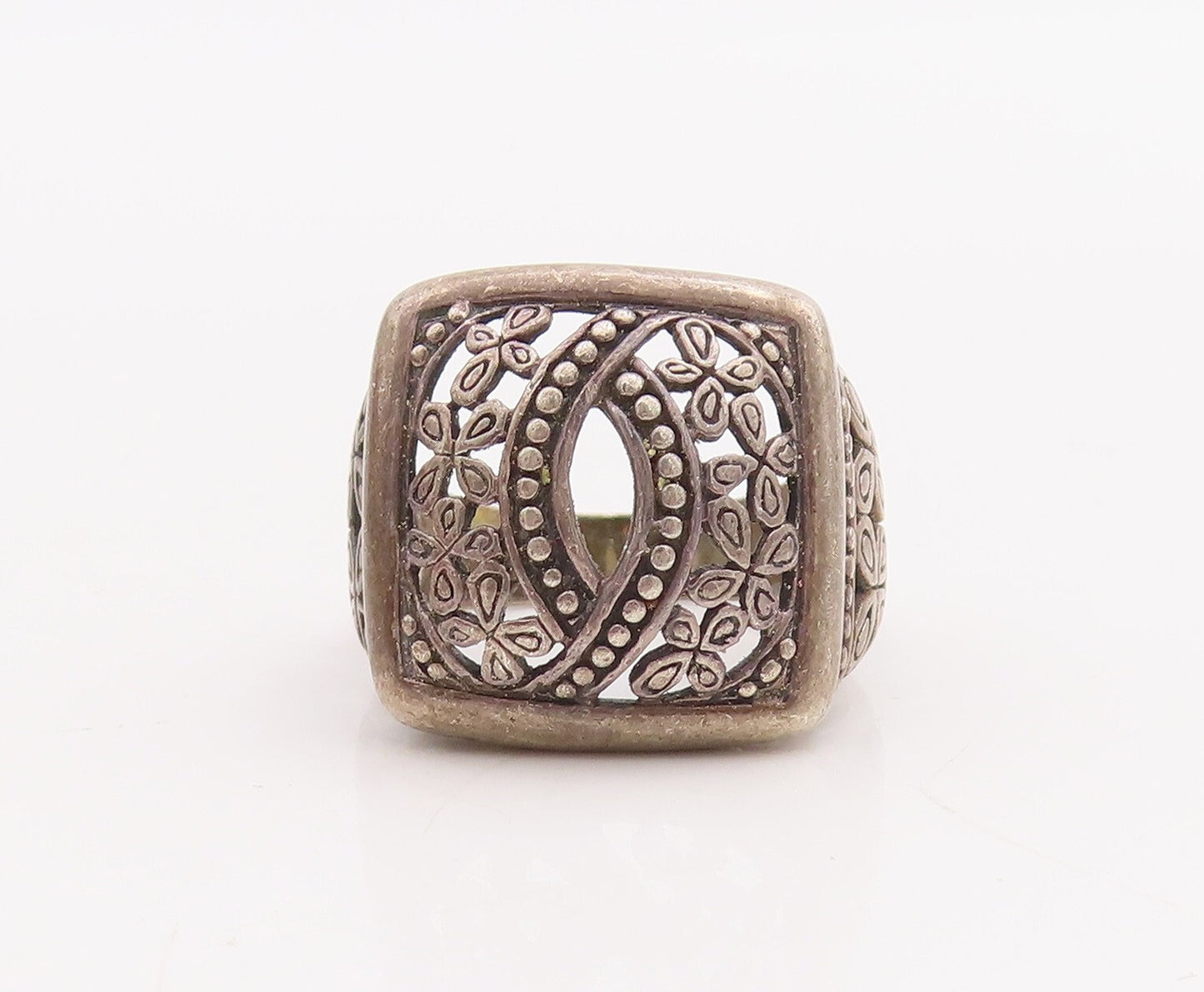 925 Sterling Silver Vintage Ring Designer Square Floral Cutout Eye Sz 7  RG28951