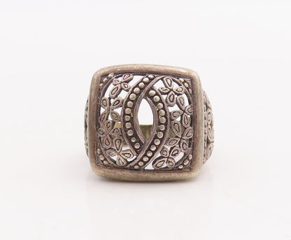 925 Sterling Silver Vintage Ring Designer Square Floral Cutout Eye Sz 7  RG28951