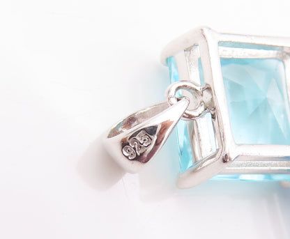 925 Sterling Silver Vintage Pendant Square & Drop Cut Two Tone Blue CZ  PT23077