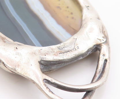 925 Sterling Silver Vintage Pendant Large Agate Modernist River Design  PT25078