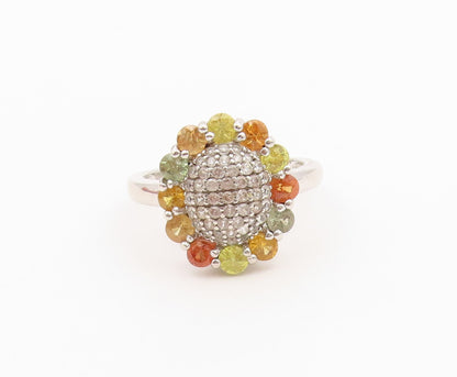 925 Sterling Silver Vintage Ring Multi Gemstone Floral Cluster  Sz 7  RG36629