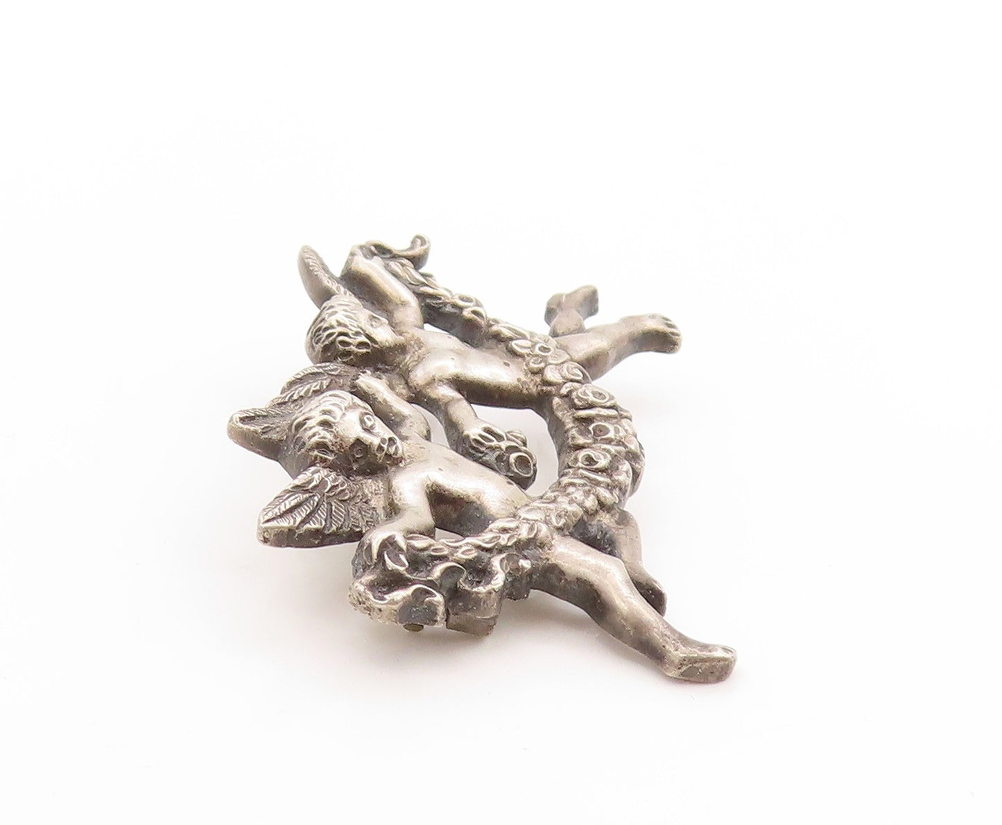 925 Sterling Silver Vintage Brooch Twin Cherub Angel Floral Wreath Pin  BP11887