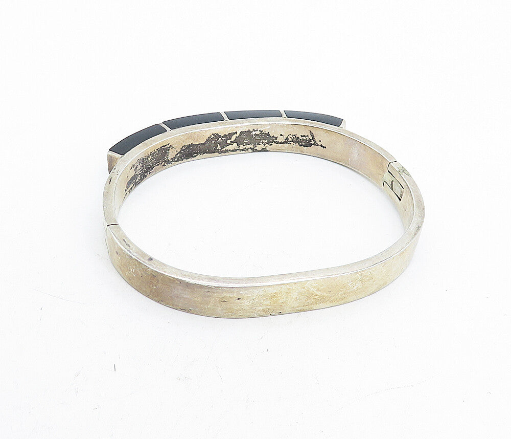 MEXICO 925 Sterling Silver Vintage Black Onyx Hinge Bangle Bracelet BT1939