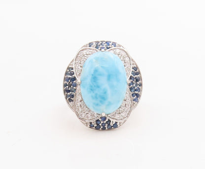 925 Sterling Silver Vintage Ring Larimar Halo Sapphire & CZ Inlay Sz 7  RG30733