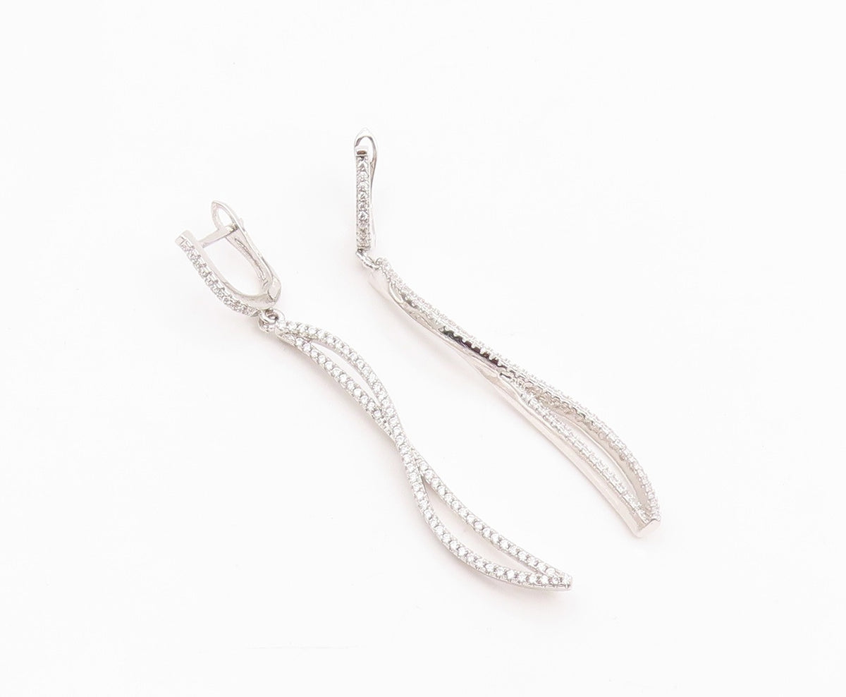 925 Sterling Silver Vintage Earrings CZ Pave Modernist Twisted Dangle  EG14228