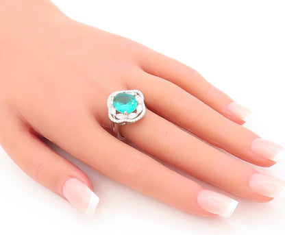 925 Sterling Silver Vintage Ring Floral Carved Aquamarine & CZ  Sz 7.5  RG29287