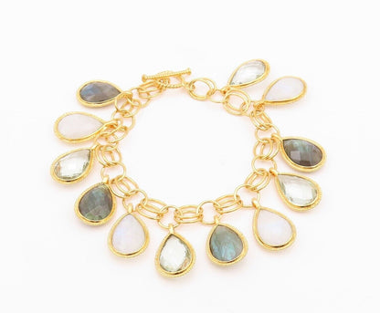 925 Sterling Silver Vintage Bracelet Gold Plated Dangling Gemstones  BT10777
