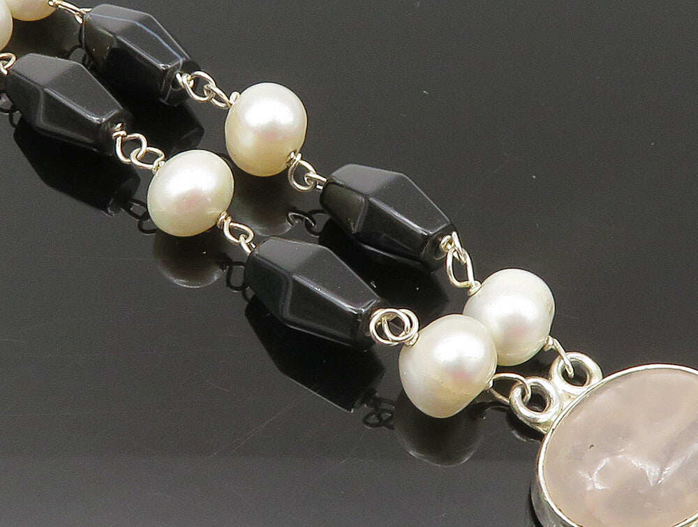 925 Sterling Silver  Rose Quartz & Freshwater Pearls Chain Bracelet  BT1164
