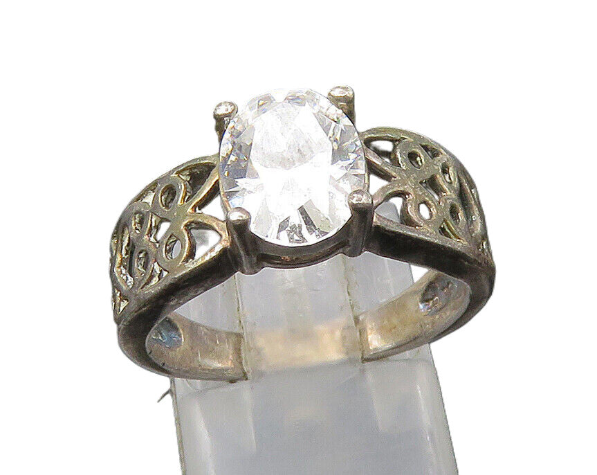 925 Sterling Silver  Vintage Cubic Zirconia Love Heart Band Ring Sz 7  RG22521