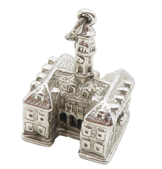 925 Sterling Silver  Vintage Shiny Petite Clock Tower Building Pendant  PT7360