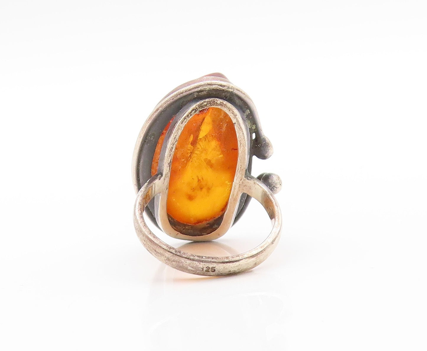 925 Sterling Silver Vintage Ring POLAND Amorphas Large Honey Amber  Sz 8 RG32716