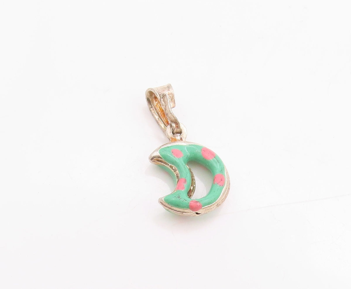 925 Sterling Silver Vintage Pendant Enameled Cutout Half Moon Charm  PT24670