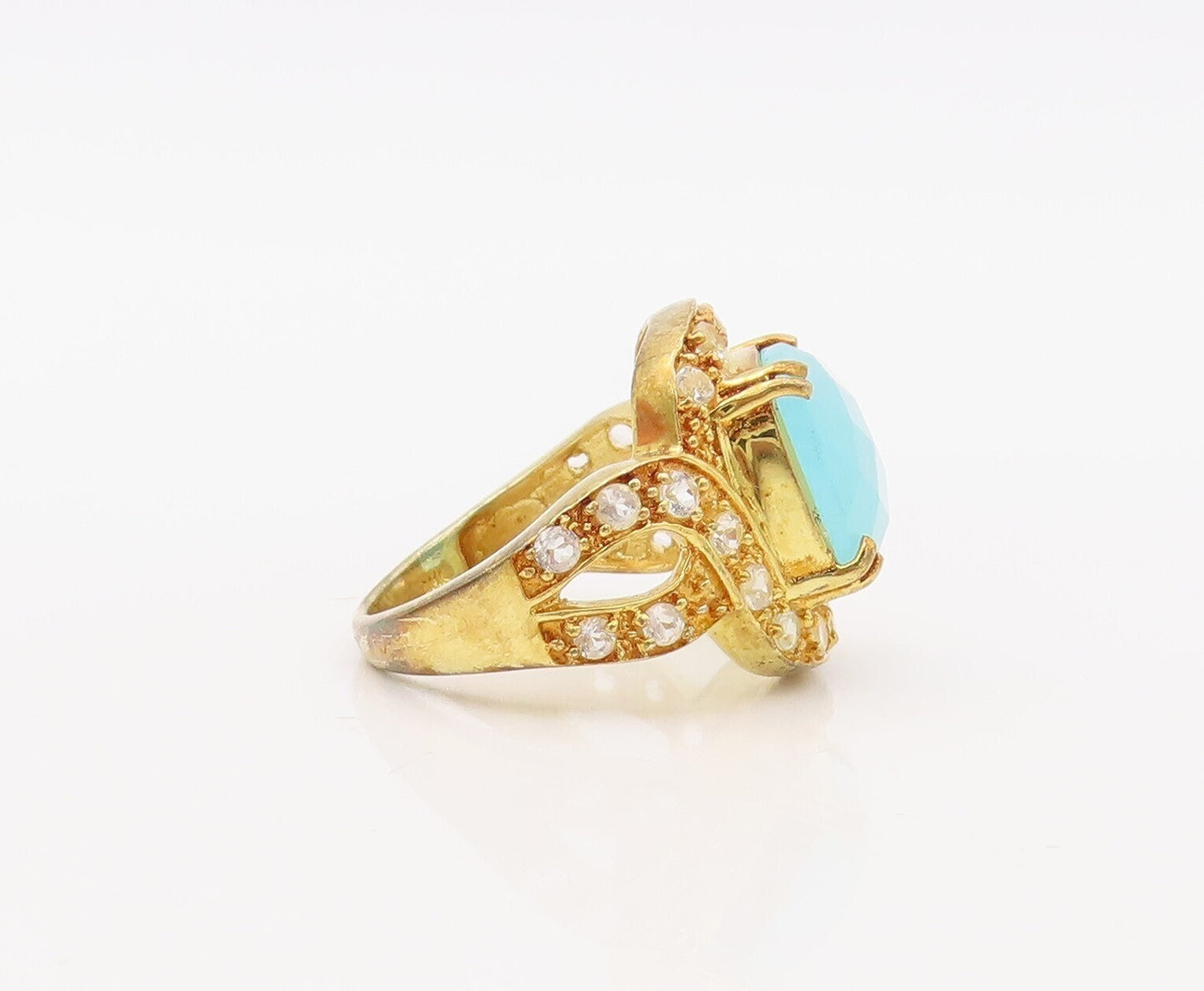 925 Sterling Silver Vintage Ring Gold Plated Topaz & Gemstone Inlay Sz 7 RG30628