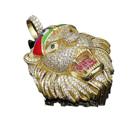 925 Silver  Vintage Multi Color Topaz & Enamel Flag Lion Head Pendant  PT21567