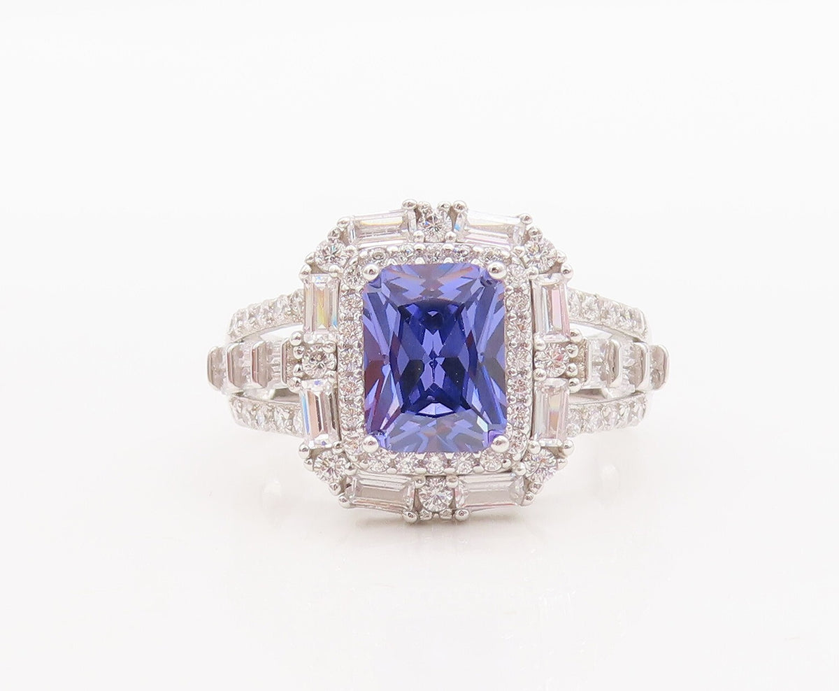 925 Sterling Silver Vintage Ring Rectangle Blue & White CZ Inlay  Sz 7  RG29797