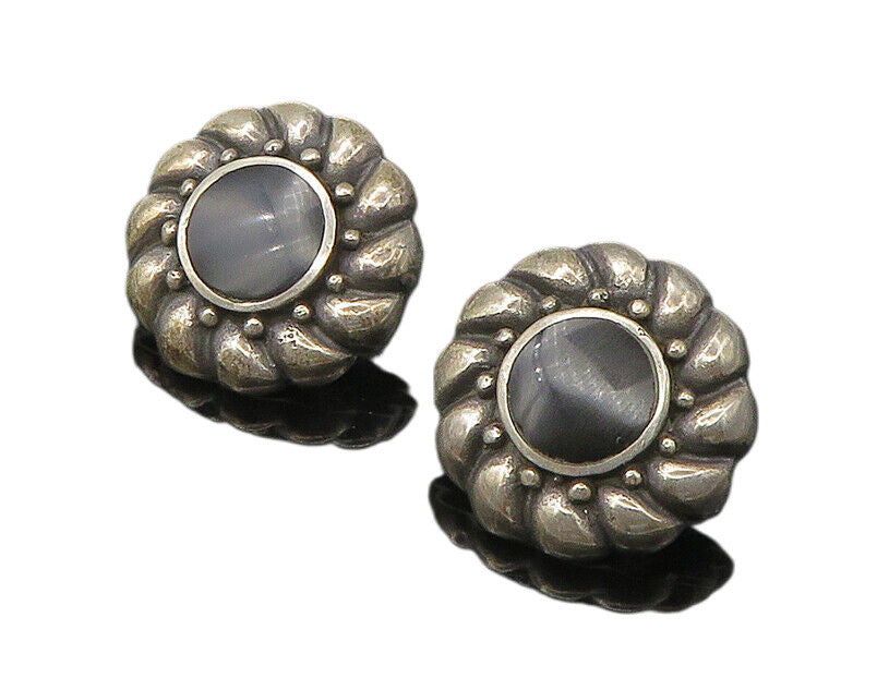 925 Sterling Silver  Vintage Black Onyx Flower Motif Drop Earrings  EG10904