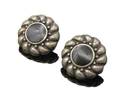 925 Sterling Silver  Vintage Black Onyx Flower Motif Drop Earrings  EG10904