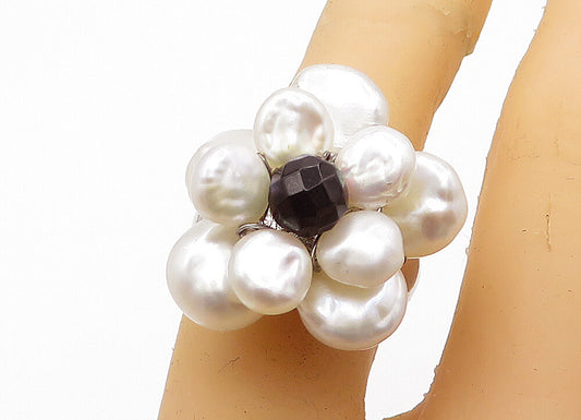 925 Sterling Silver  Pearls & Black Sapphire Flower Cocktail Ring Sz 6  RG4737