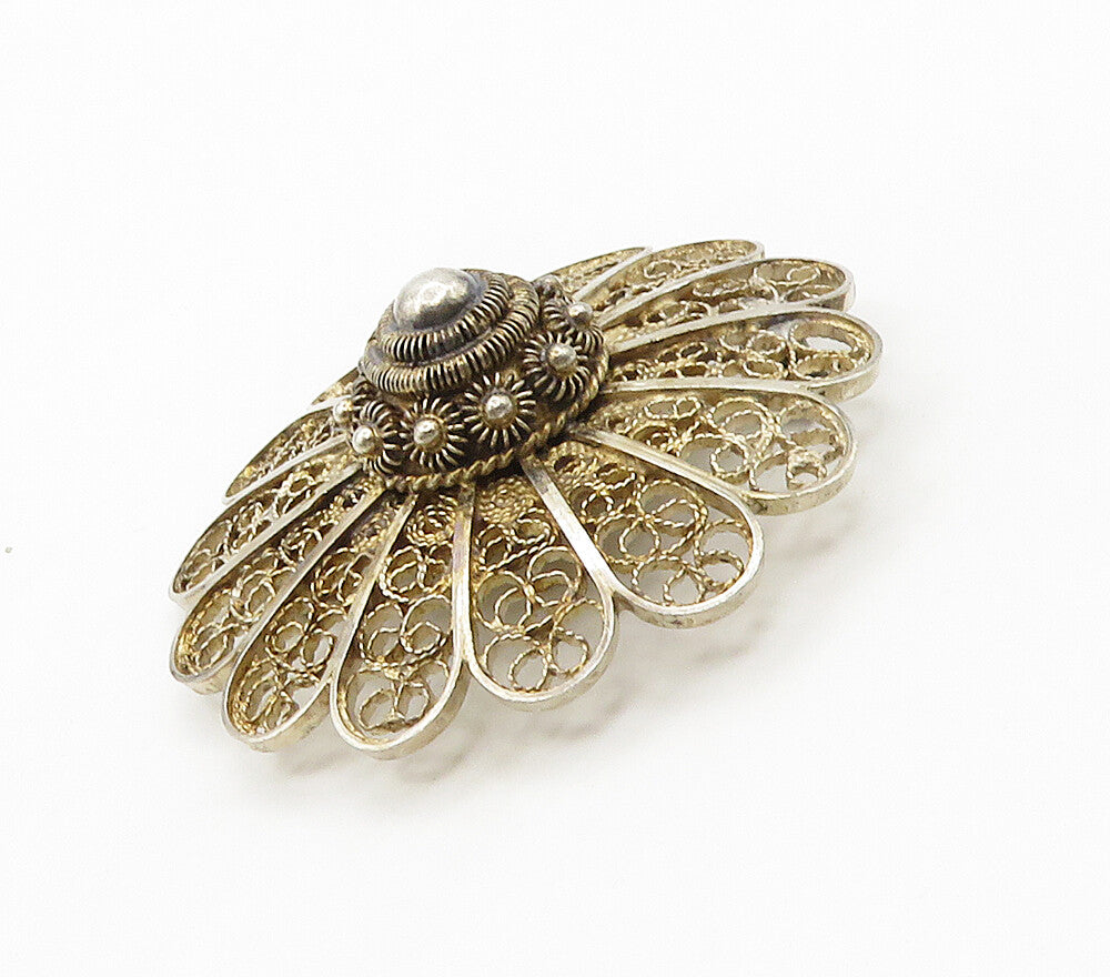 925 Sterling Silver  Vintage Antique Filigree Flower Motif Brooch Pin  BP6205