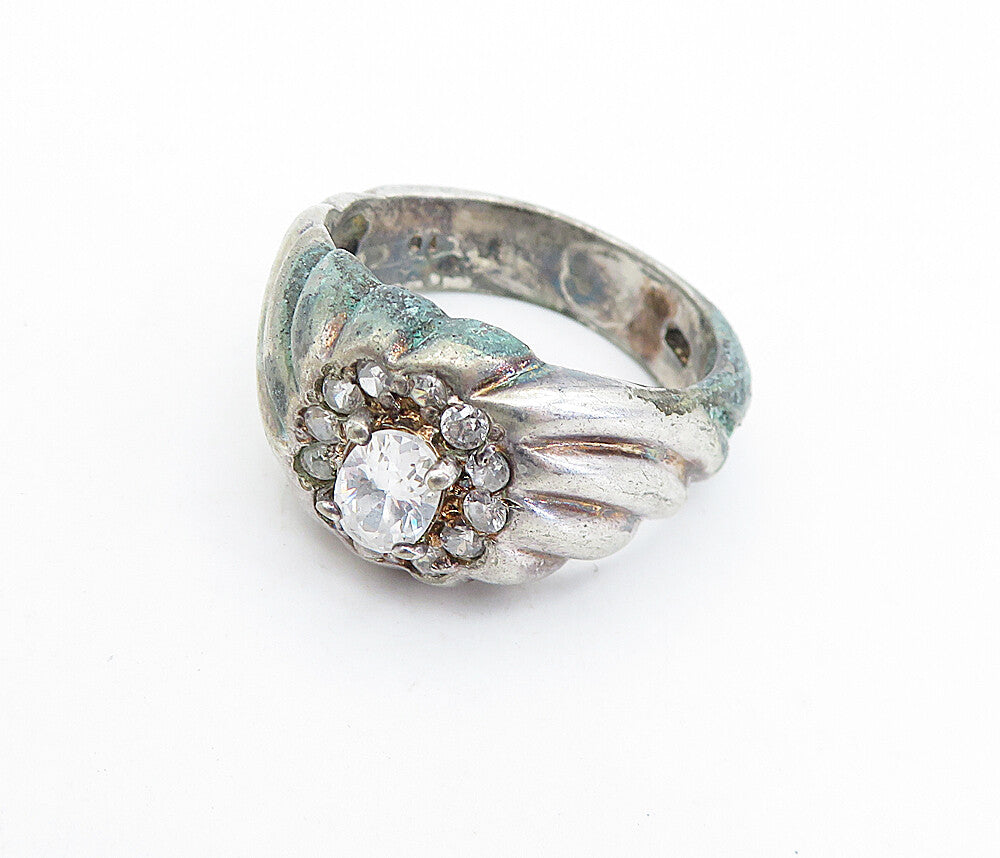 925 Sterling Silver  Vintage Topaz Floral Style Fluted Band Ring Sz 10  RG7202