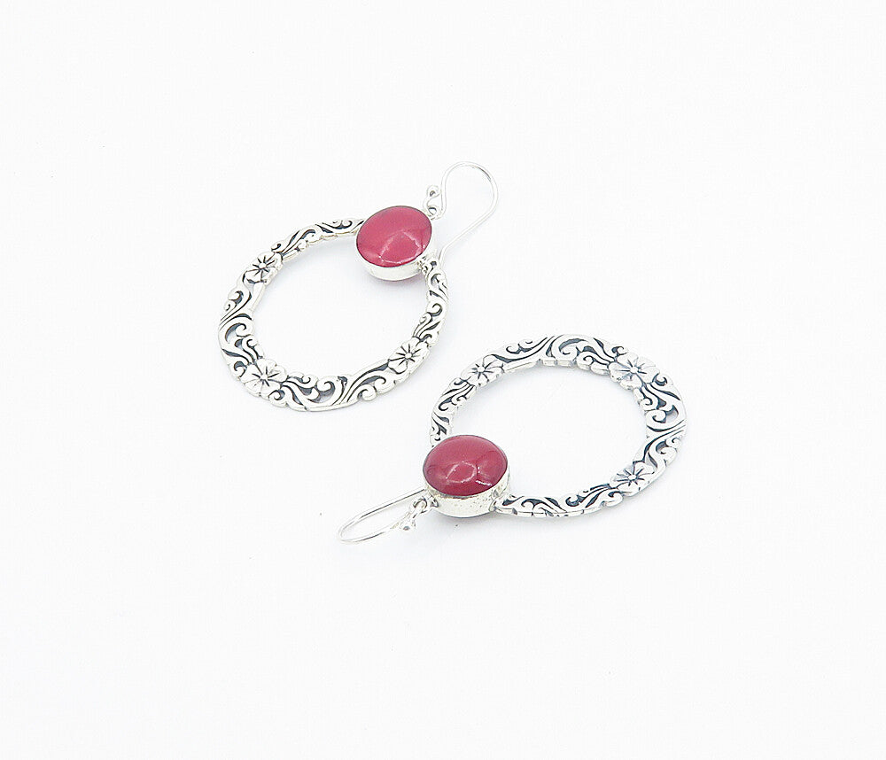 925 Sterling Silver Cabochon Cut Coral Floral Round Drop Earrings EG2983