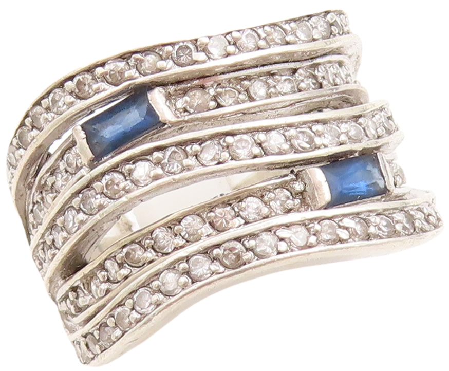 925 Sterling Silver Vintage Ring Cutout CZ & sapphire Inlay Bands Sz 9.5 RG31670