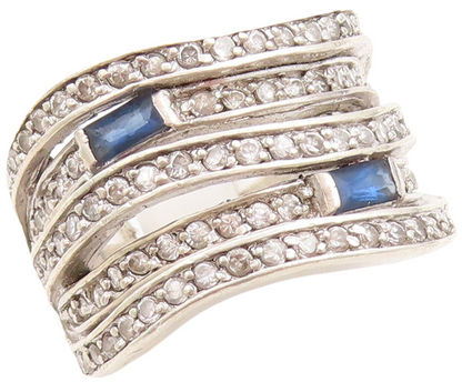 925 Sterling Silver Vintage Ring Cutout CZ & sapphire Inlay Bands Sz 9.5 RG31670