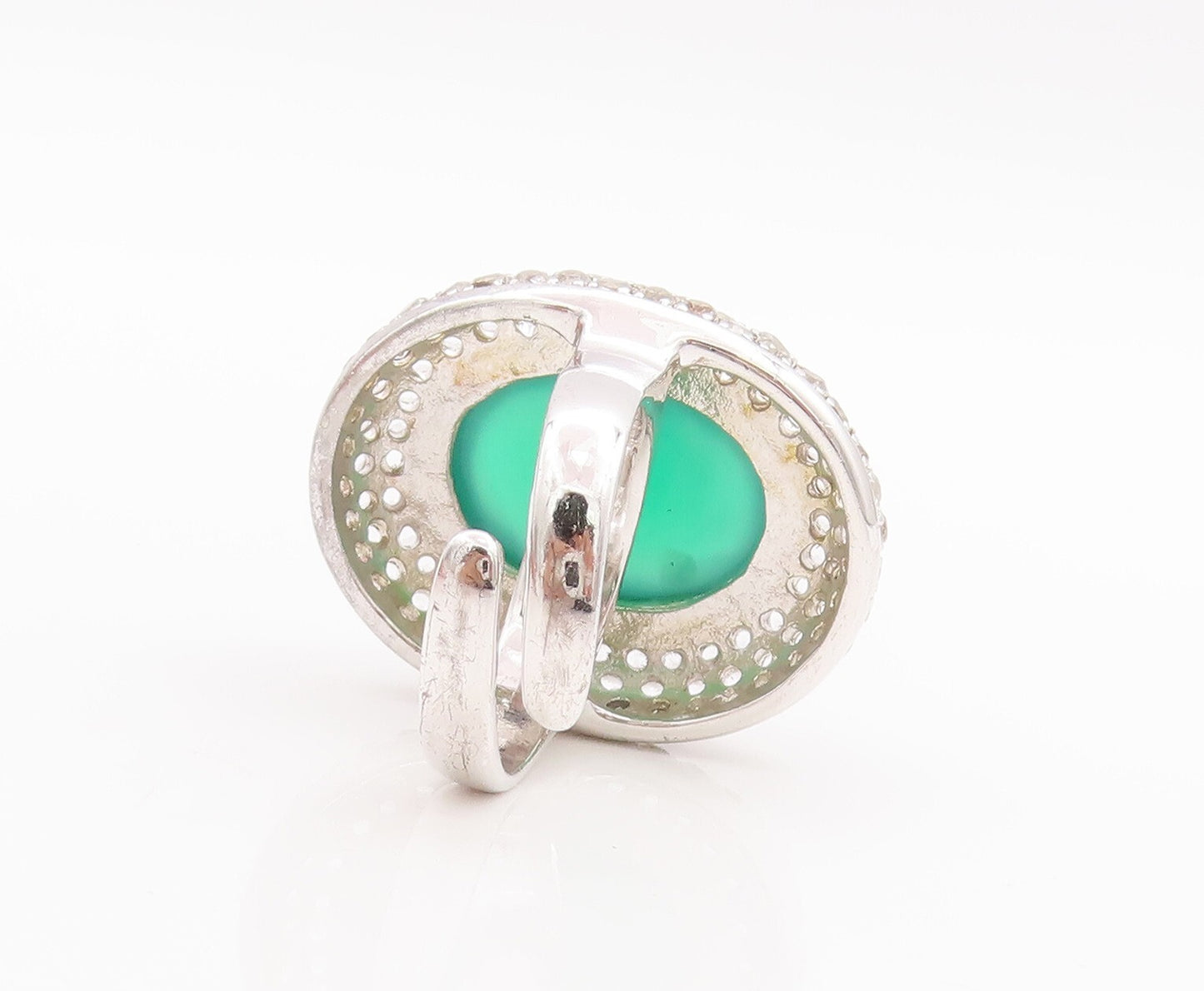 925 Sterling Silver Vintage Ring Oval Cabochon Green Onyx & Topaz  Sz 8  RG29297