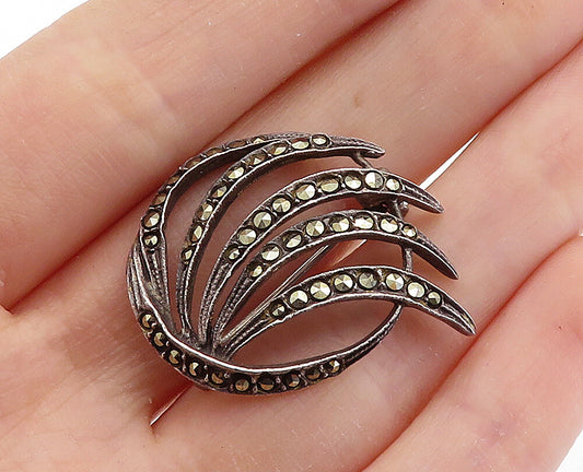 925 Sterling Silver  Vintage Marcasite Decorated Round Brooch Pin  BP2696