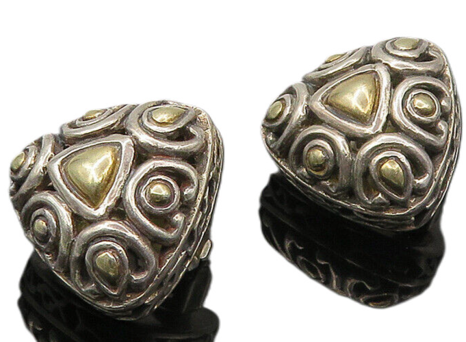 925 Sterling Silver  Vintage Two Tone Pattern Dome Non Pierce Earrings  EG5473