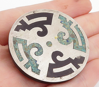 TAXCO MEXICO 925 Silver  Vintage Turquoise & Onyx Inlay Brooch Pin  BP1352