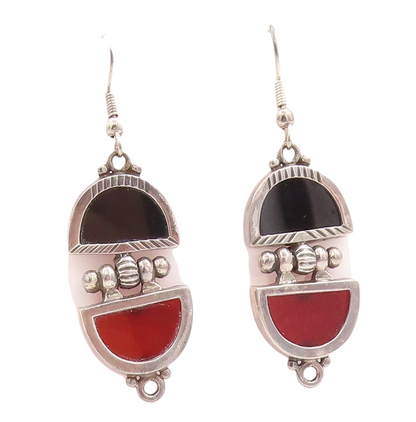 925 Sterling Silver Vintage Earrings D Shape Black & Red Onyx  EG13294