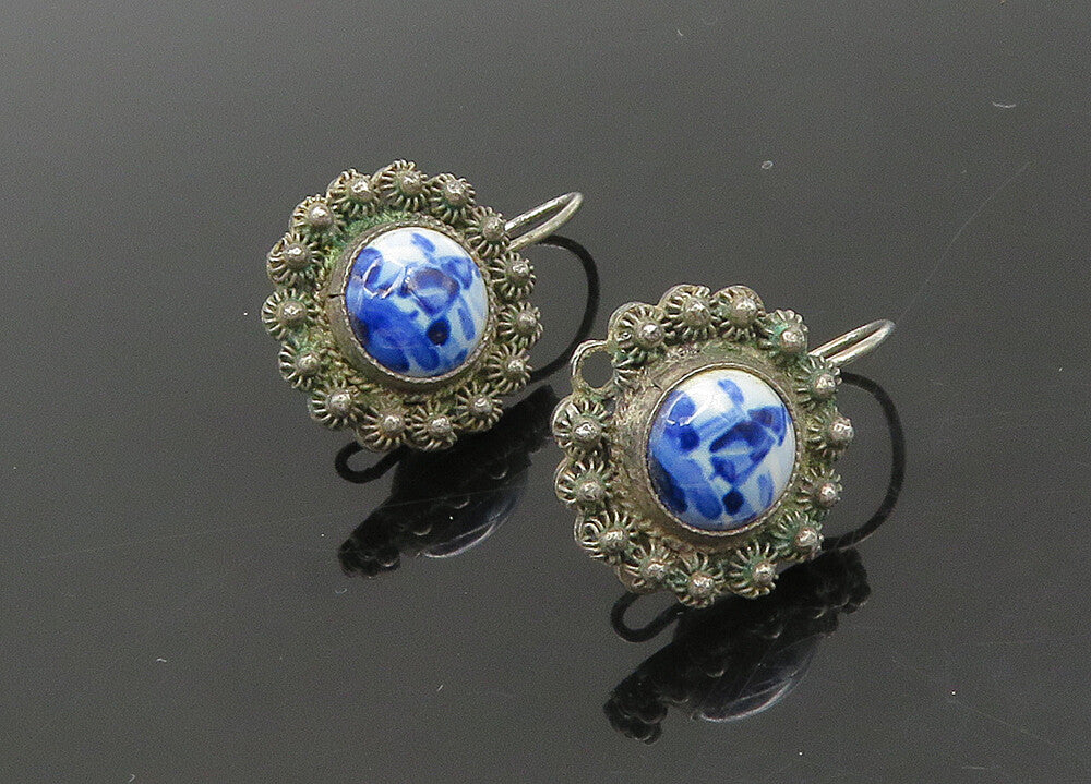 925 Sterling Silver  Vintage Enamel Windmill Scene Drop Earrings  EG10490