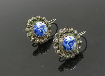 925 Sterling Silver  Vintage Enamel Windmill Scene Drop Earrings  EG10490