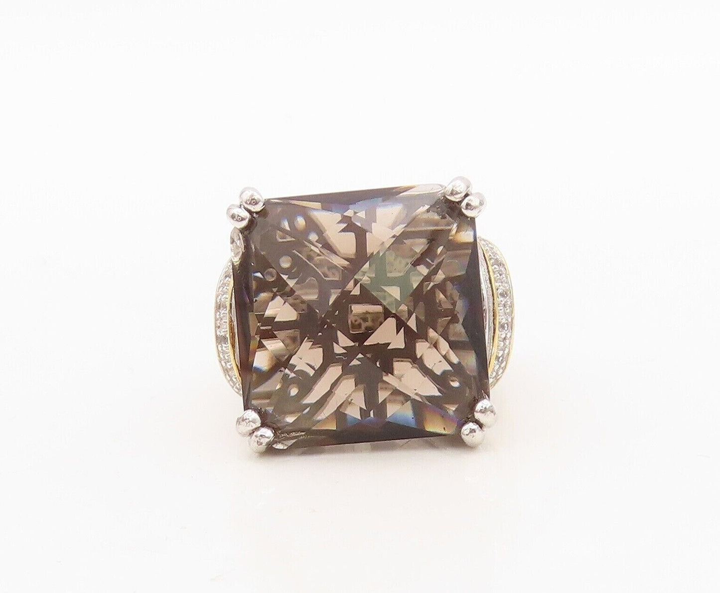 925 Sterling Silver Vintage Ring Diamonds & Square Cut Smoky Quartz Sz 7 RG30501