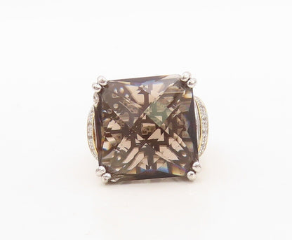 925 Sterling Silver Vintage Ring Diamonds & Square Cut Smoky Quartz Sz 7 RG30501