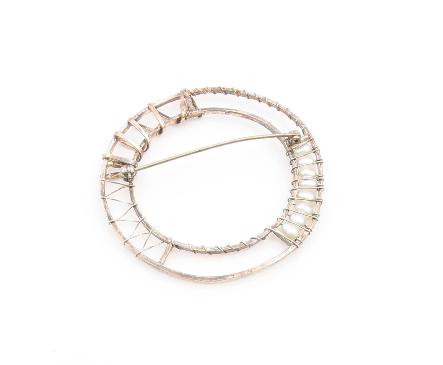 925 Sterling Silver Vintage Brooch Pin Modern Wire Wrapped Pearl Circle  BP12594