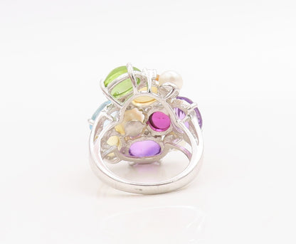 925 Sterling Silver Vintage Ring Brutalist Multi Gemstone Cluster  Sz 5  RG30710