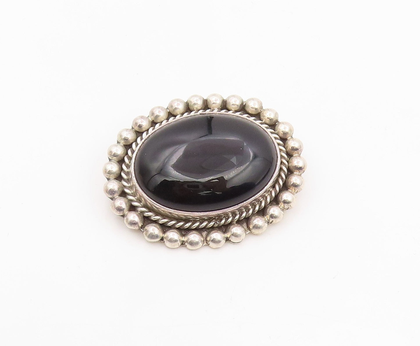 MWS MEXICO Sterling Silver Vintage Black Onyx Bubble Border Brooch Pin  BP3862