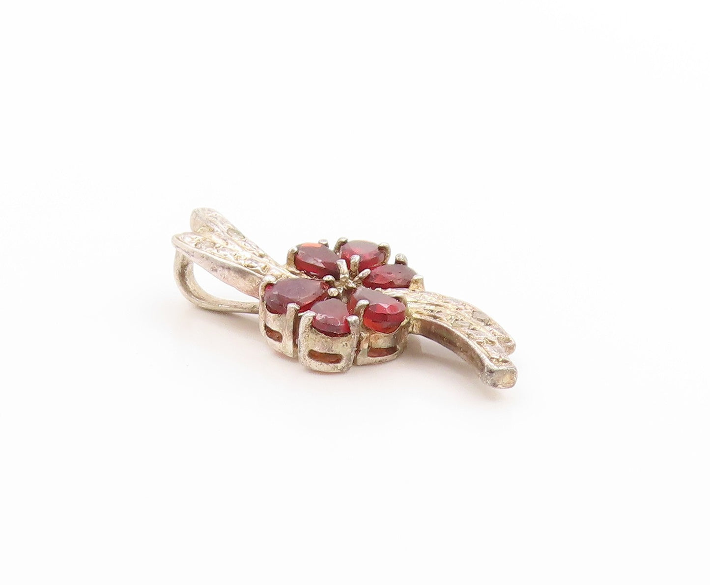 925 Sterling Silver Vintage Pendant Real Diamonds & Garnet Floral Charm  PT25041