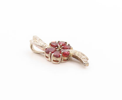 925 Sterling Silver Vintage Pendant Real Diamonds & Garnet Floral Charm  PT25041
