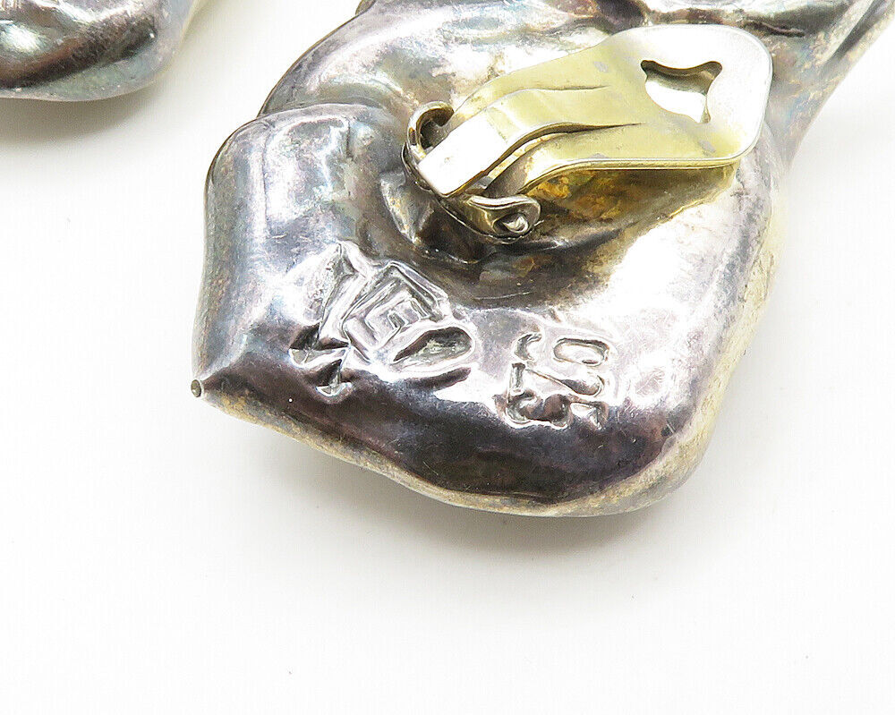 ISRAEL 925 Silver & 14K GOLD  Vintage Sculpted Non Pierce Earrings  EG8968