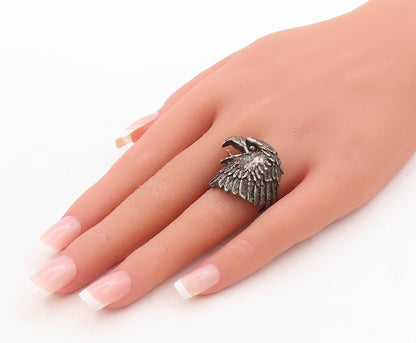 925 Sterling Silver Vintage Ring G & S Dark Tone Carved Eagle  Sz 7.5  RG31651