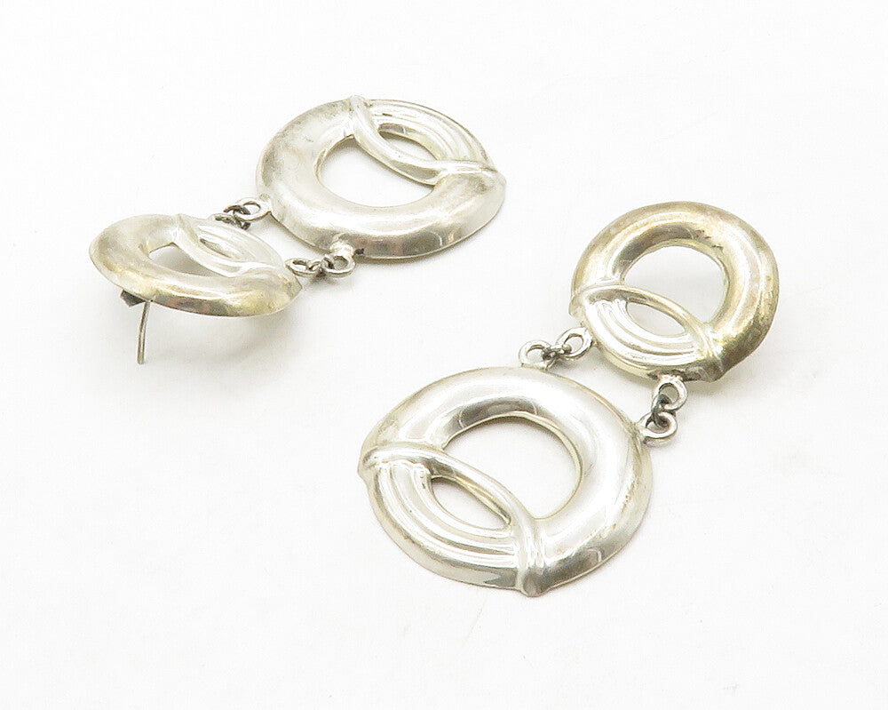 925 Sterling Silver  Vintage Shiny Open Circle Linked Drop Earrings  EG6728