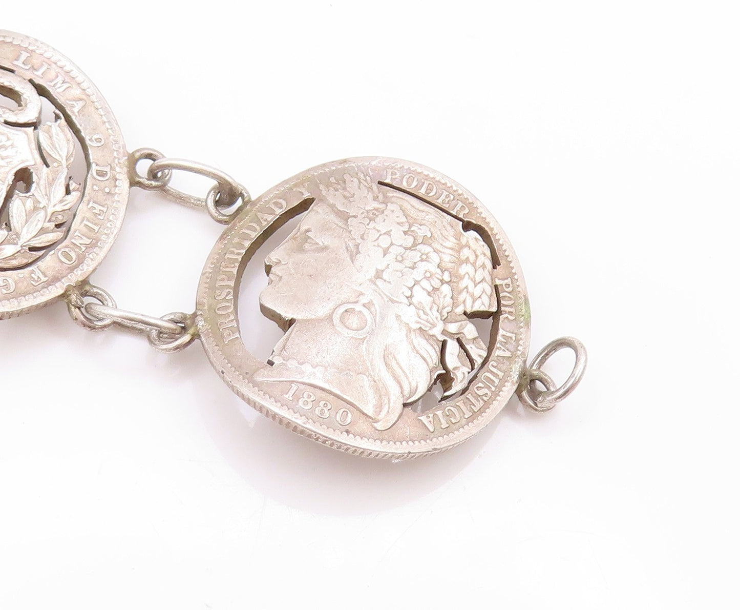 925 Sterling Silver Vintage Bracelet Antique Royal Peruana Coins   BT11264