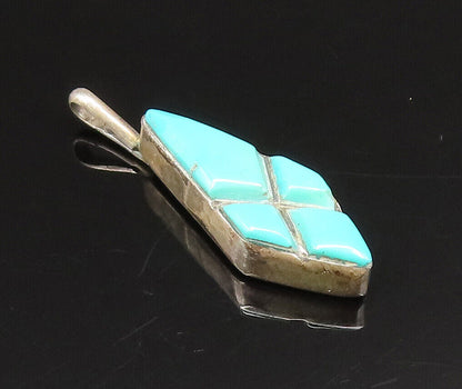 ZUNI NAVAJO 925 Silver - Vintage Diamond Shaped Turquoise Drop Pendant - PT21260