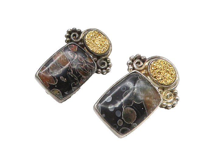 SAJEN 925 Sterling Silver Vintage Jasper & Druzy Non Pierce Drop Earrings EG9762