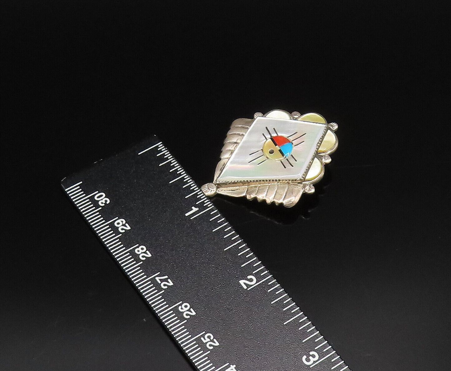 ZUNI NAVAJO 925 Silver  Vintage Mother Of Pearl & Stones Brooch Pin  BP10043