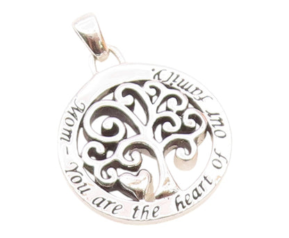 925 Sterling Silver  Vintage Shiny Mom Heart Of Family Tree Pendant  PT19153